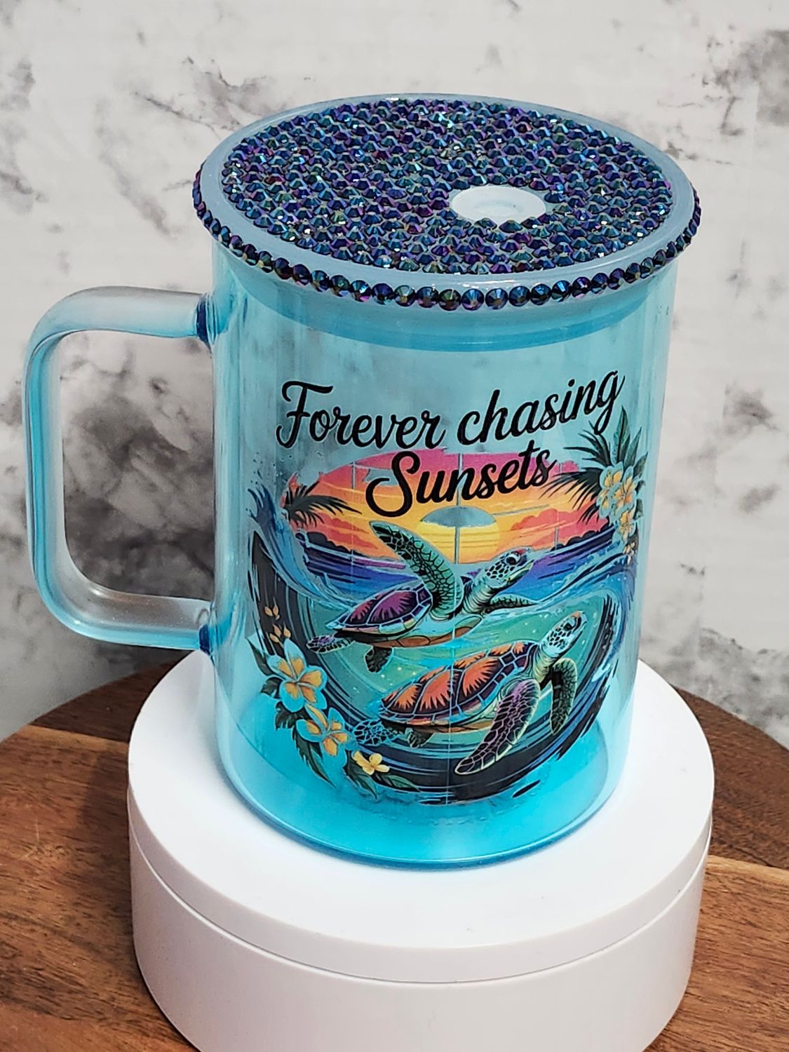 Sunset Turtle Glass Coffee Mug with Rhinestone Acrylic Lid