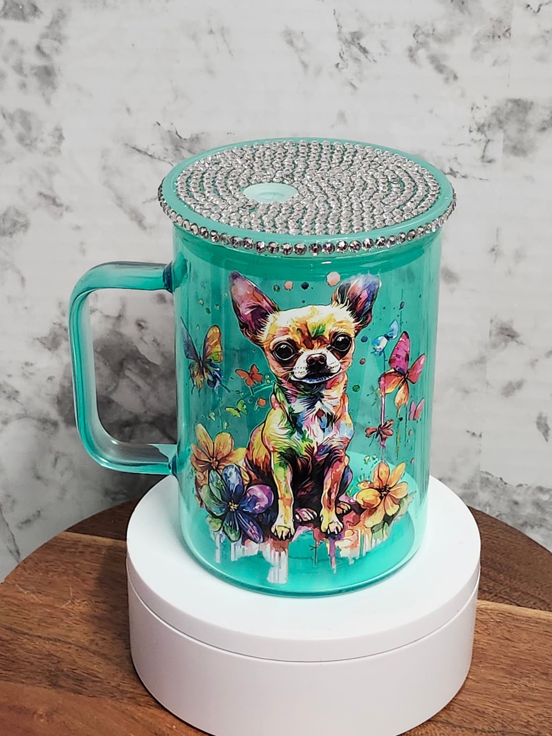 Dog Glass Coffee Mug with Rhinestone Acrylic Lid