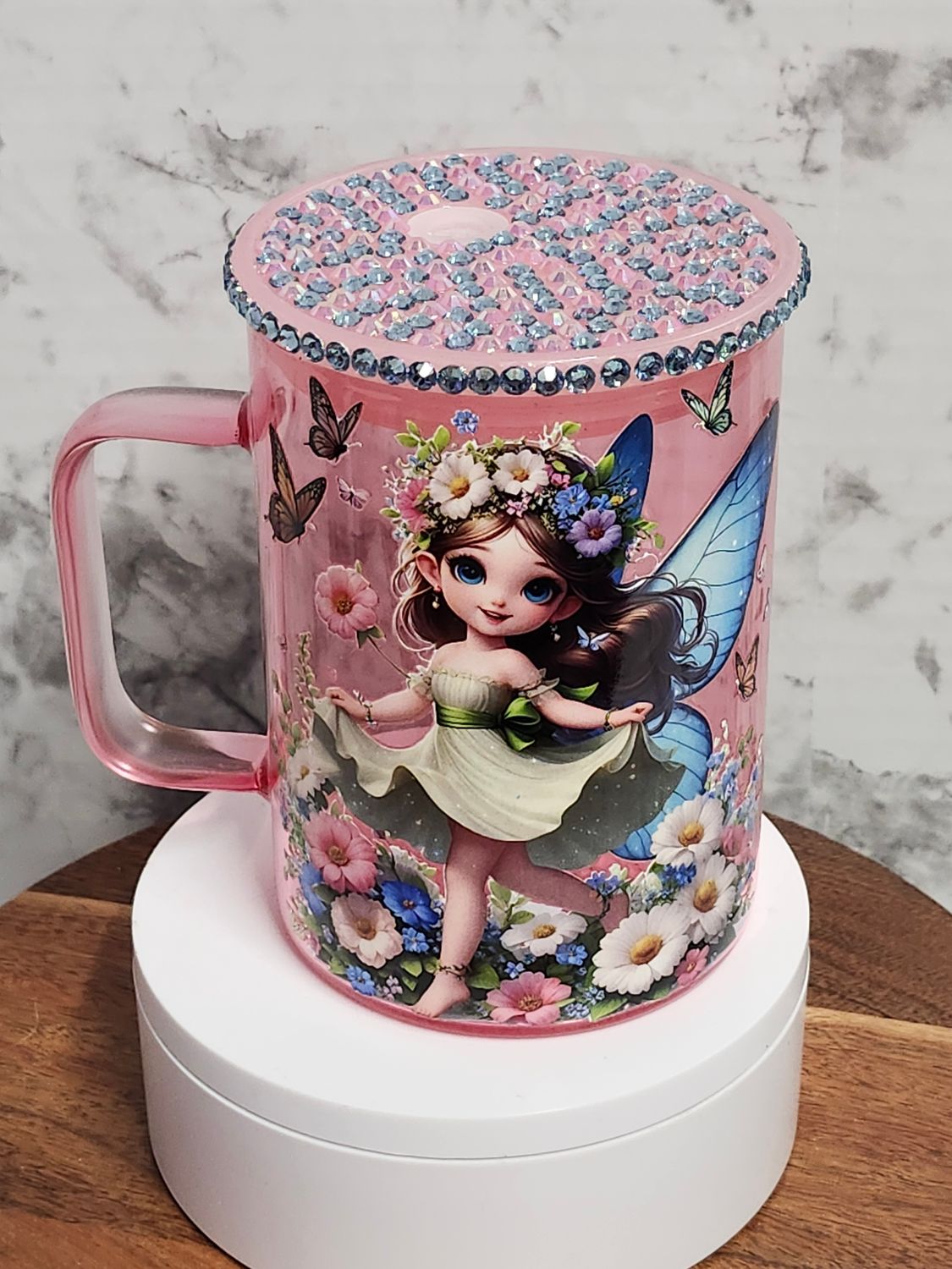 Fairy Glass Coffee Mug with handle, with Rhinestone Lid