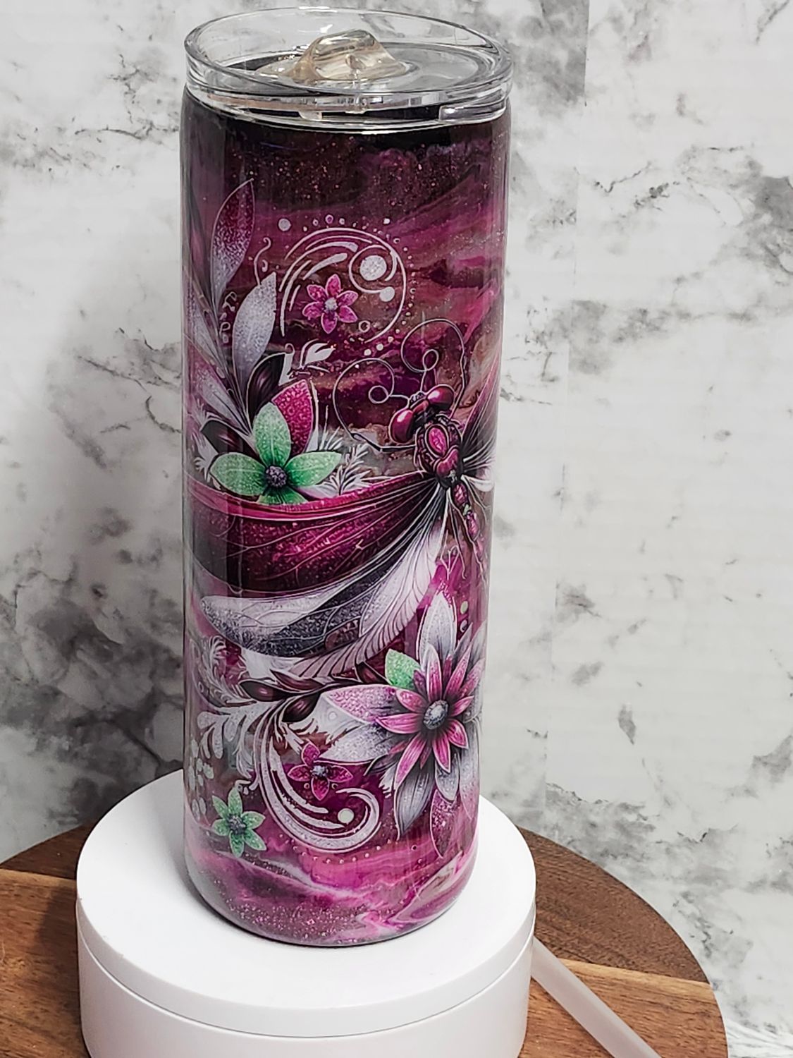 20oz Pink Swirl Dragonfly Stainless Steel Tumbler