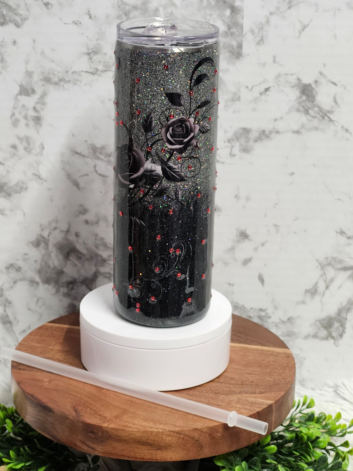 20oz Black Rose glittered with Red Rhinestones Stainless-Steel Tumbler