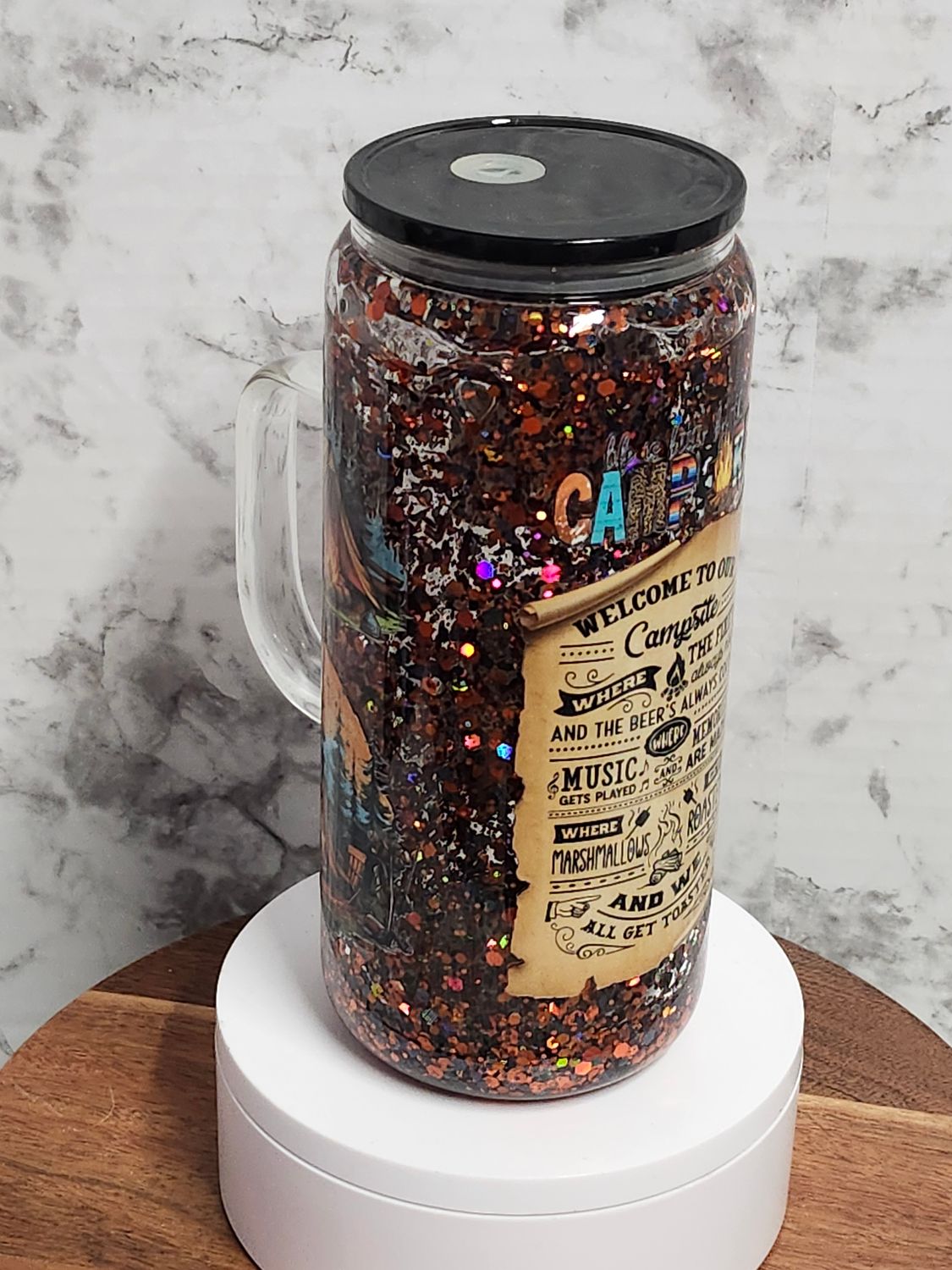Camping Glass snowglobe with handle, with Rhinestone Lid