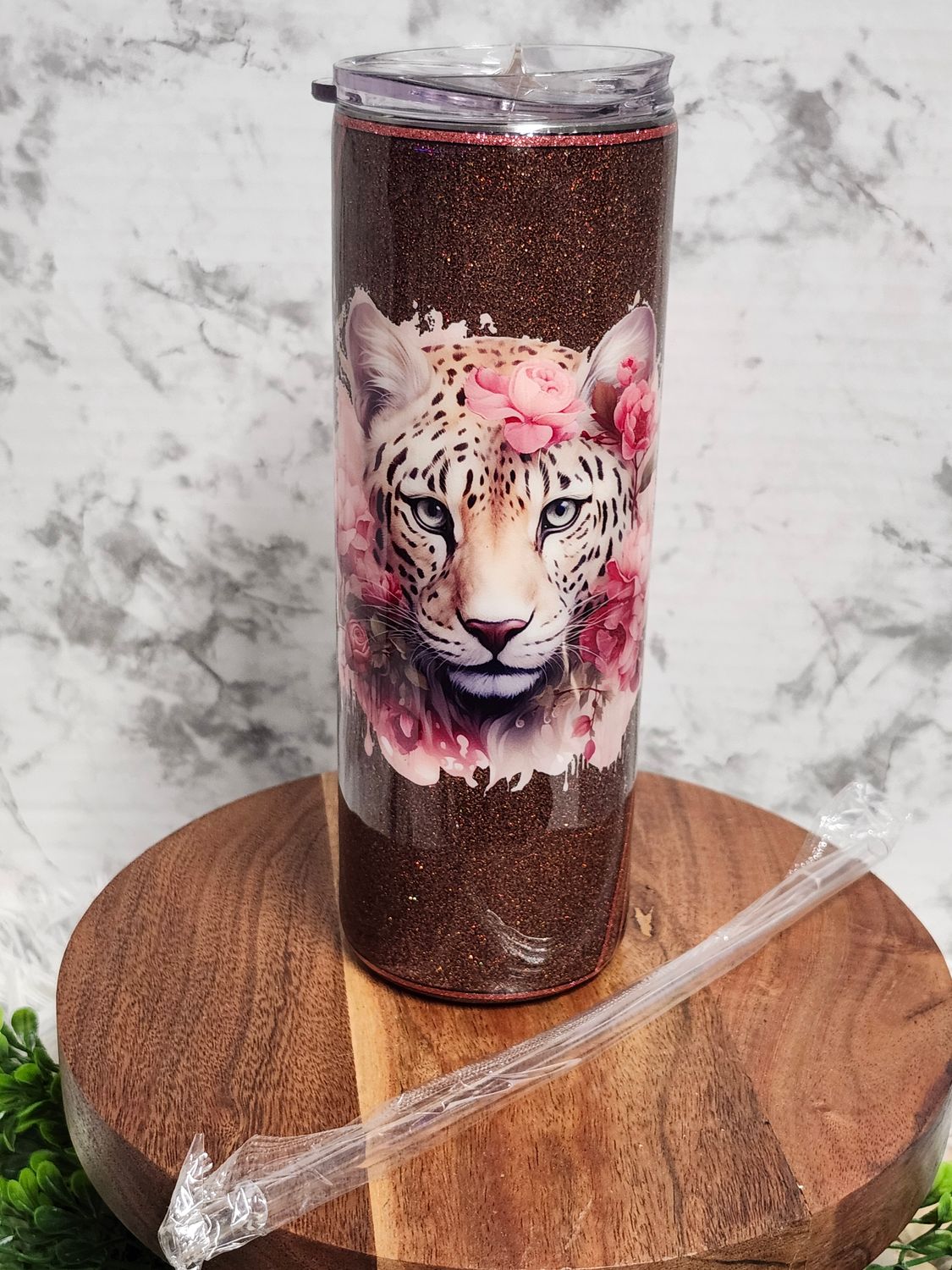 20oz Skinny Glitter/ Woodgrain Leopard