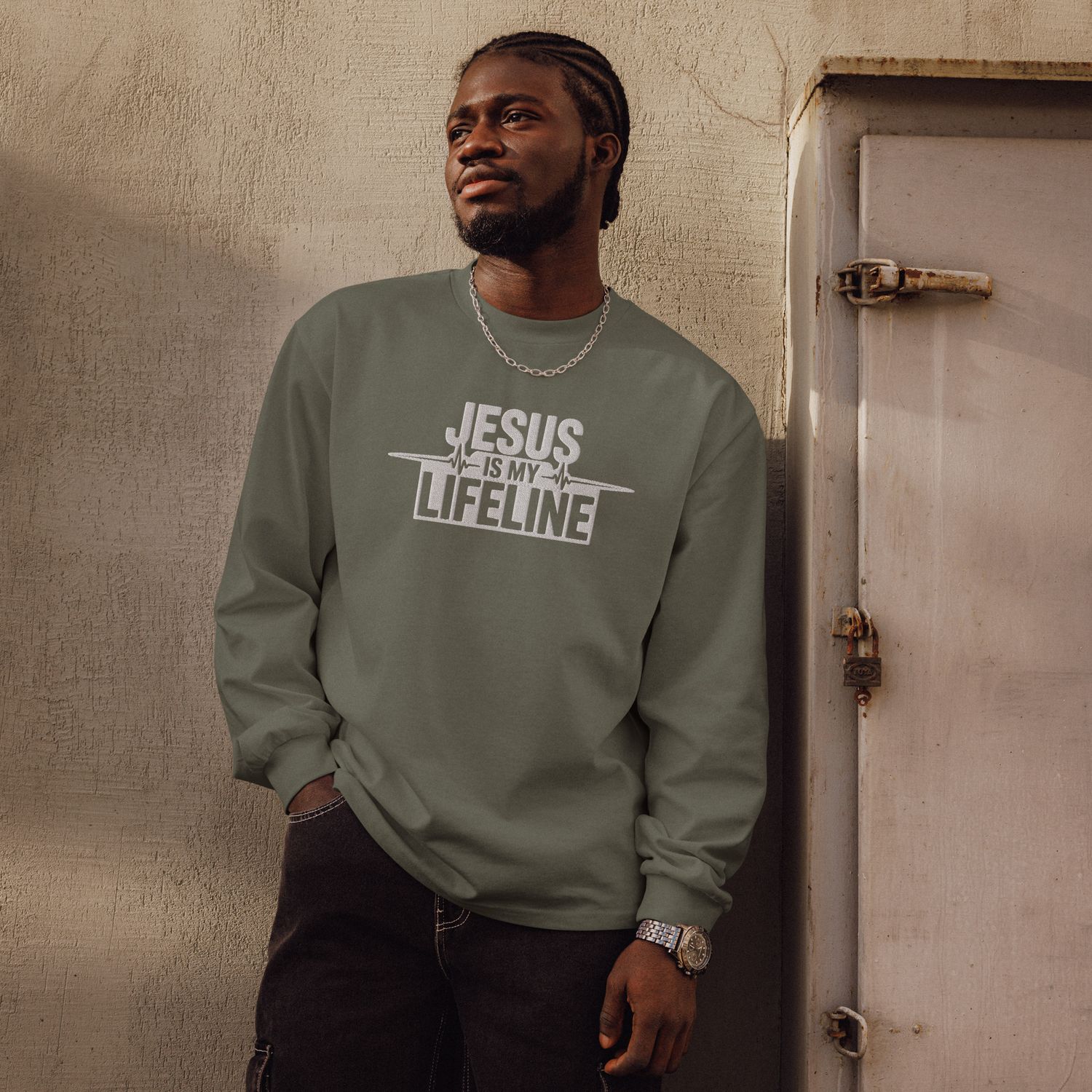 Jesus Is My Lifeline Embroidered - Premium heavyweight long sleeve shirt