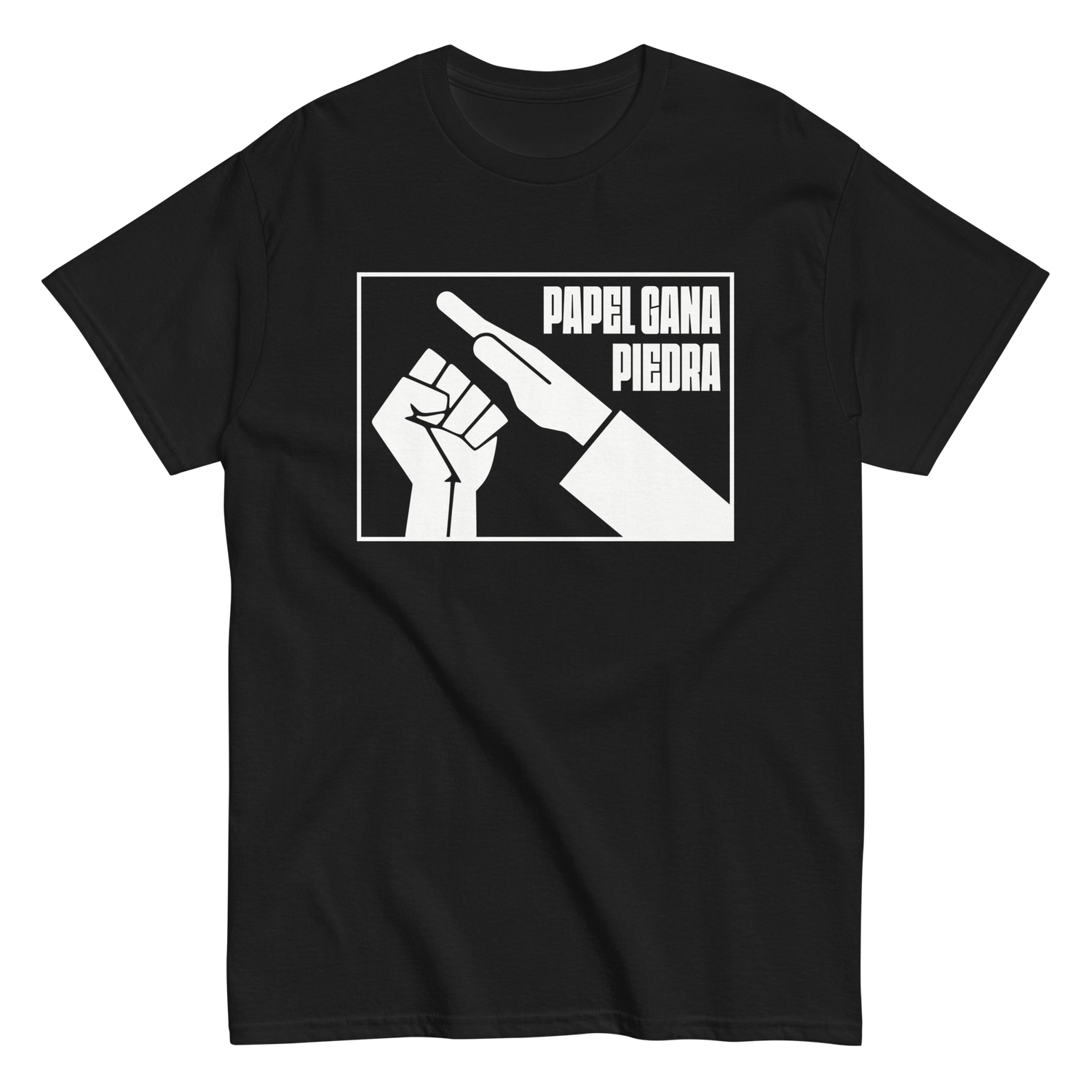 Camiseta negra &quot;PAPEL GANA PIEDRA&quot;