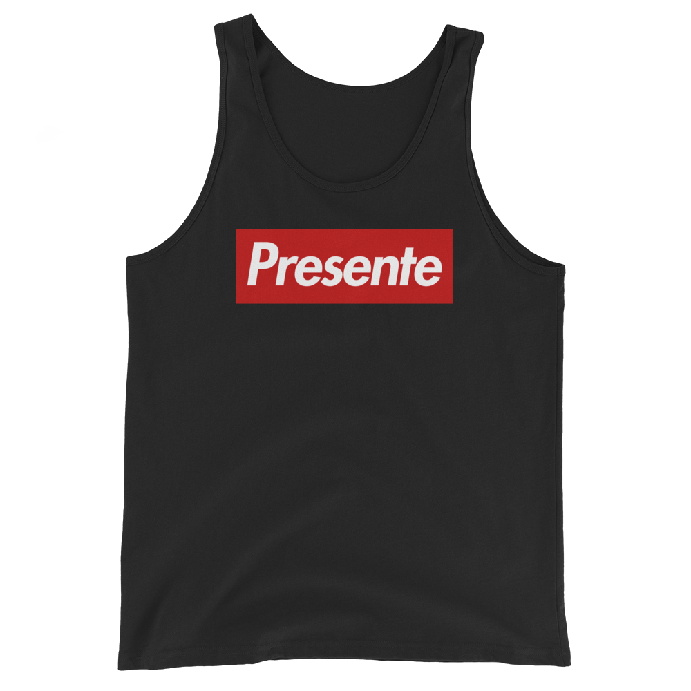 Camiseta tirantes negra (tank top) "Presente" [rojo]