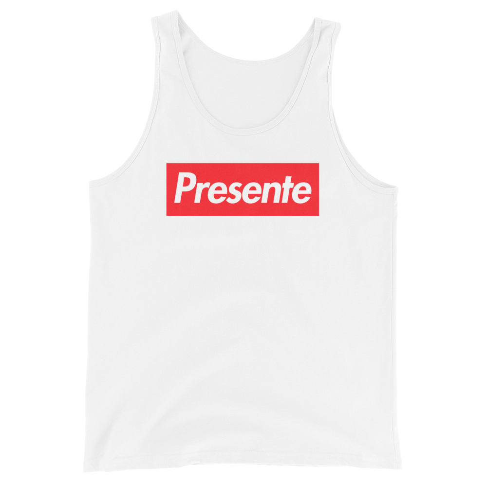 Camiseta tirantes blanca (tank top) "Presente" [rojo]