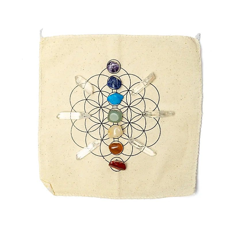 Kristallmandala mit 7 Chakrensteine und Bergkristallspitzen