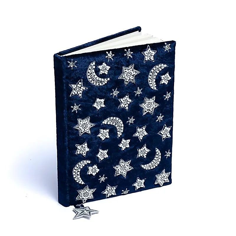 Notizbuch Samt dunkelblau mit Mond und Sternen -- 20x15 cm