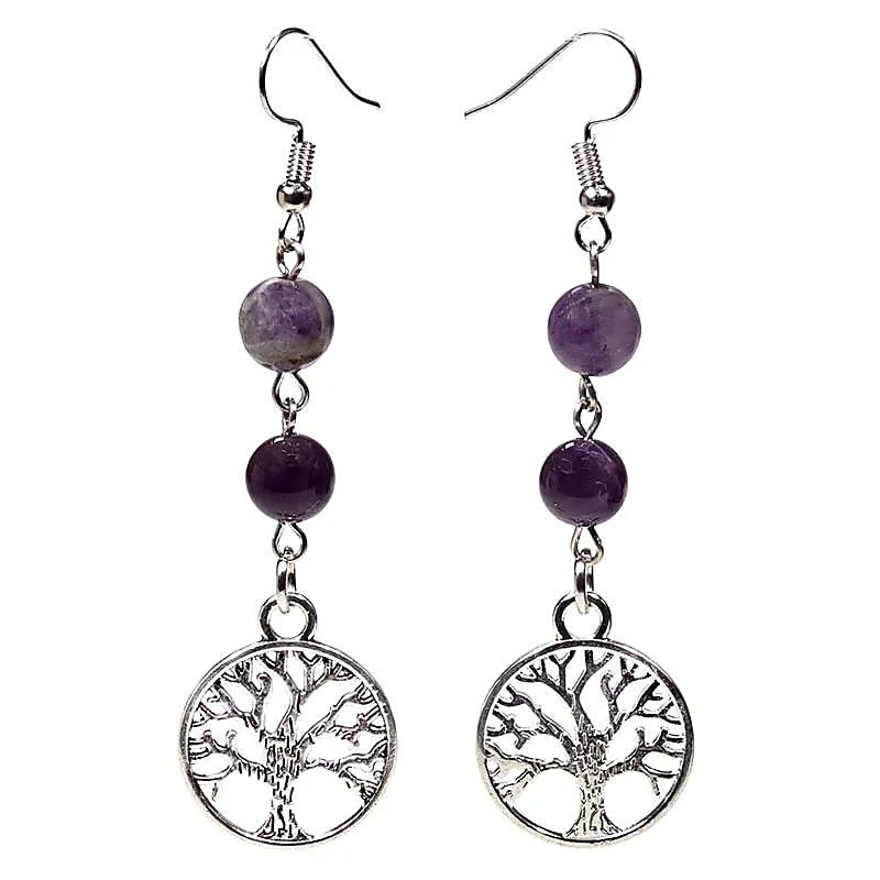 Ohrringe Fluorit/Amethyst mit Baum des Lebens -- 8 mm