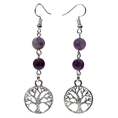 Ohrringe Fluorit/Amethyst mit Baum des Lebens -- 8 mm
