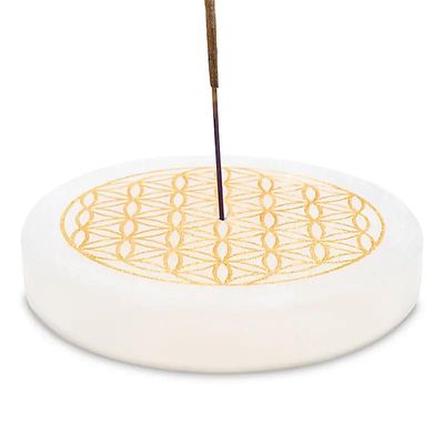 Räucherstäbchenhalter Selenit Blume des Lebens rund --  9 cm; 260 g