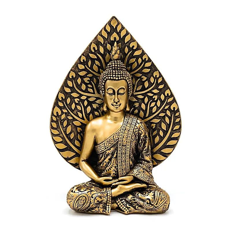 Buddha-Statue Meditation mit Bodhi-Blatt goldfarben -- 16.8x10.3x23.8 cm