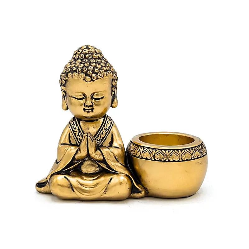 Teelichthalter Betender Buddha links goldfarben -- 13x6.3x11 cm