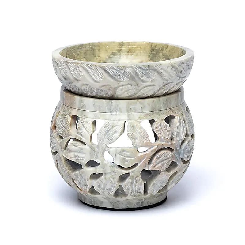 Mehrzweckbrenner aus marmoriertem Speckstein mit Blumenmotiv -- 11x11cm