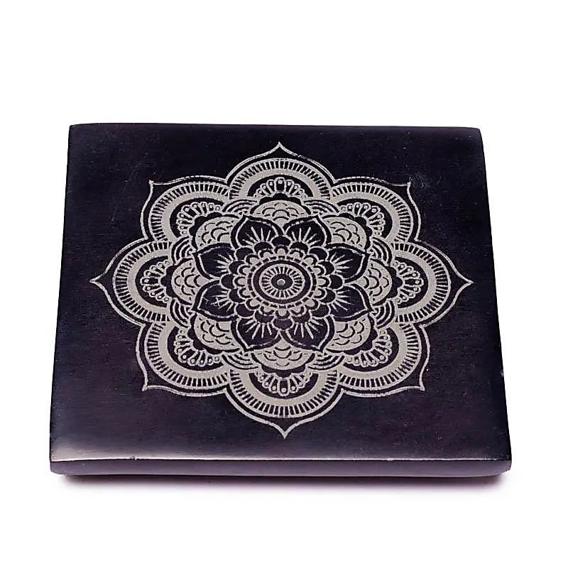 Weihrauchhalter Speckstein schwarz mit Mandala -- 10.5 cm