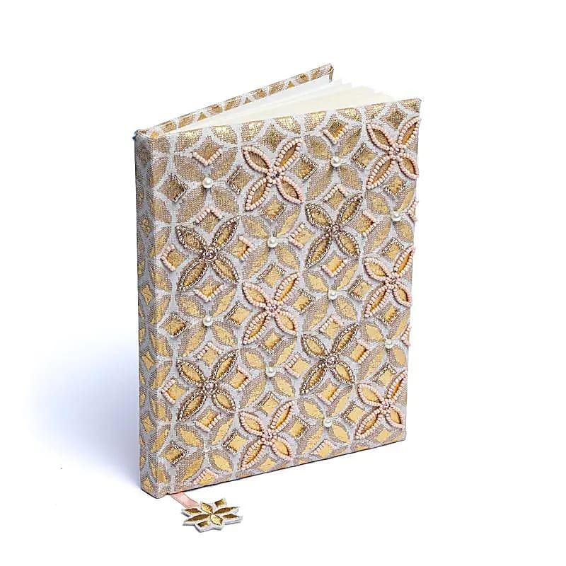Notizbuch Samt beige/gold mit Blume des Lebens -- 20x15 cm
