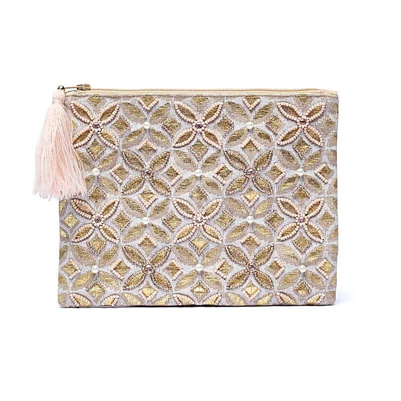 Samttasche mit Reißverschluss beige/gold mit Blume des Lebens -- 20x15 cm