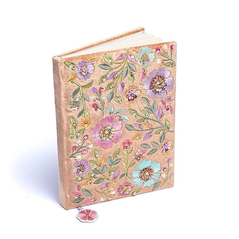 Notizbuch Samt beige mit Blumen -- 20x15 cm