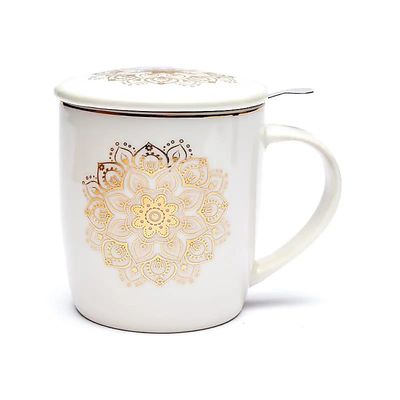 Teetasse mit Sieb und Deckel weißes Mandala -- ±400 ml