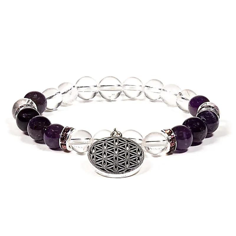 Armband Bergkristall/Amethyst+Blume des Lebens -- 8 mm