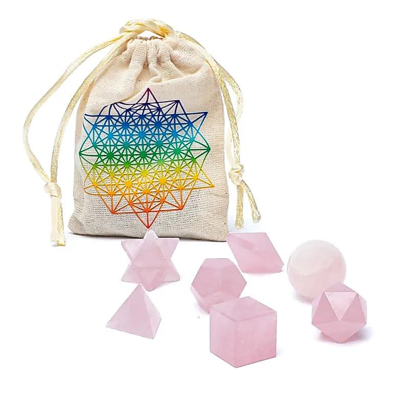 Rosenquarz Heilige Geometrie 7-teiliges Set -- 6,7x9cm