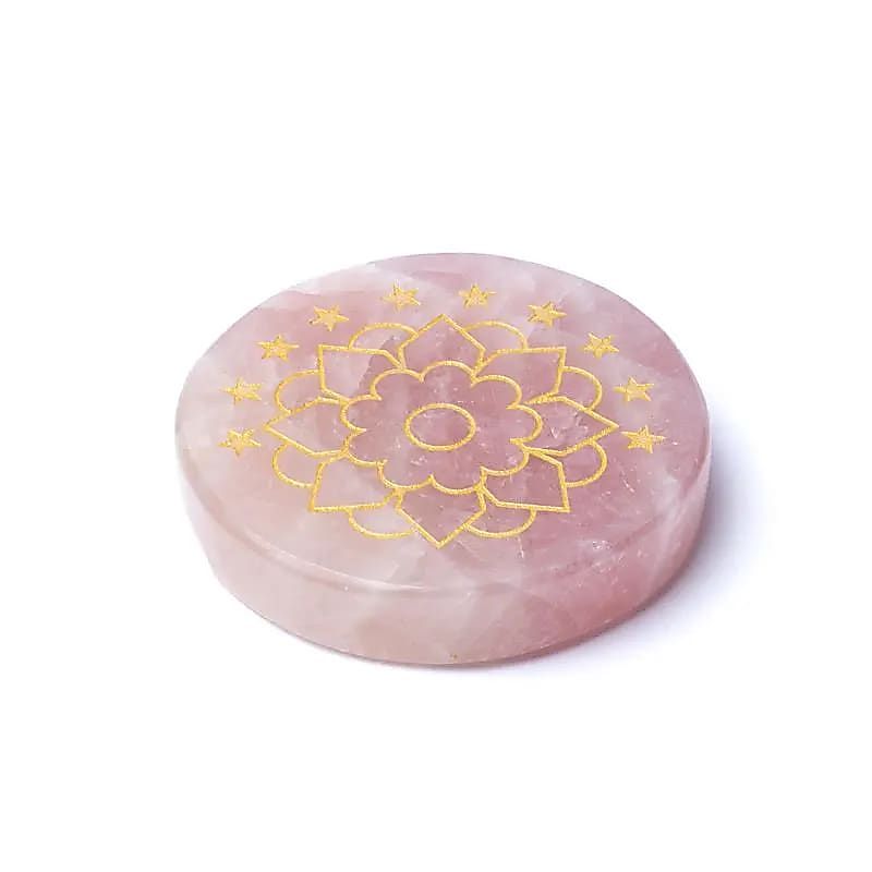 Gravierte Mineralienscheibe Rosenquarz Lotus -- Âą5cm