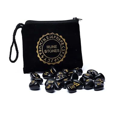 Schwarzer Achat Runenorakel Set in Samtbeutel -- 215g