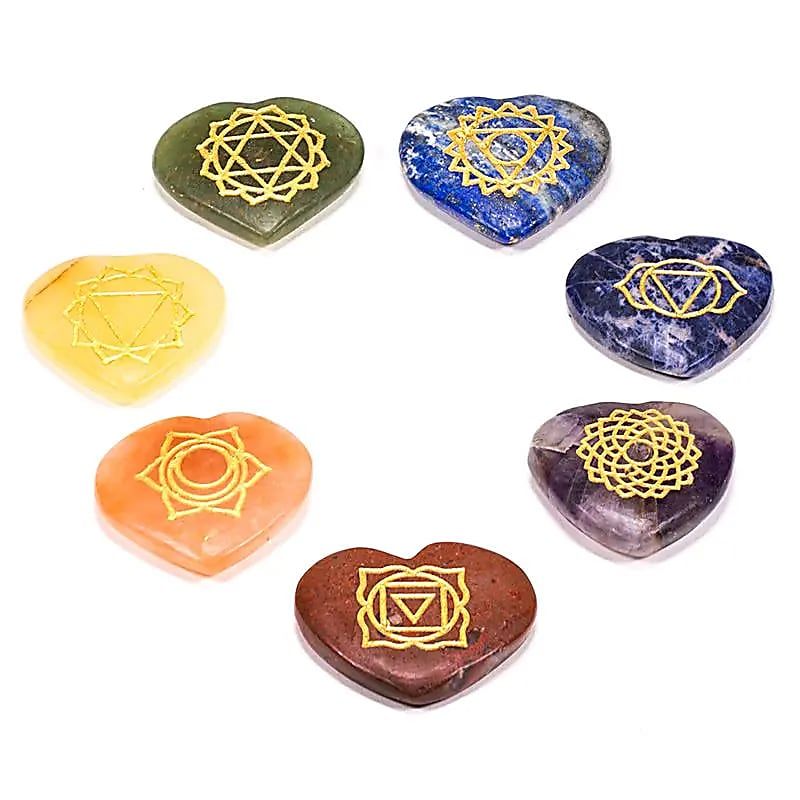 Edelstein SET mit 7 Chakra Symbolsteinen (Herz) -- 3.5 cm