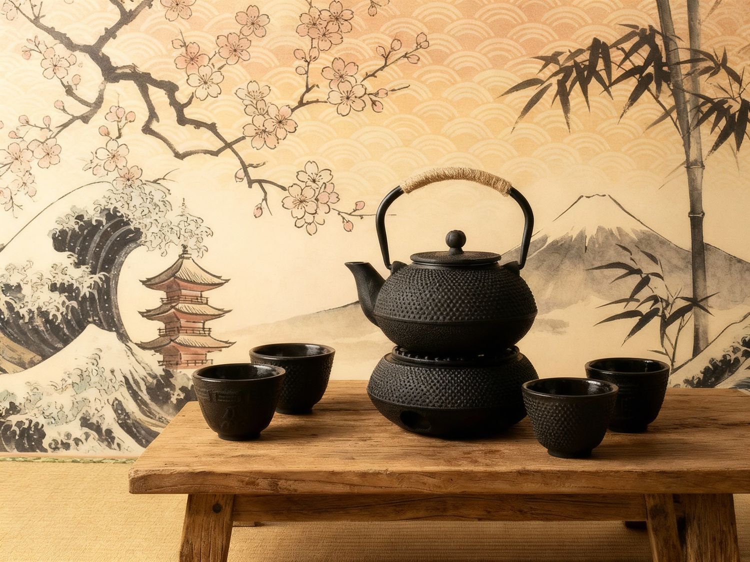 Teetassenset mit 4 Tassen, Teewärmer &amp; Teekanne emailliert japanischer Stil