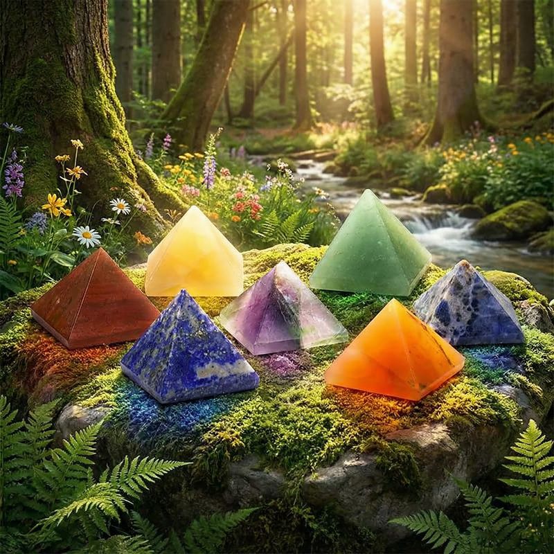 Set mit 7 Chakrasteine – pyramidenförmig - Geschenkset Set mit 7 Chakrasteine – pyramidenförmig - Geschenkset