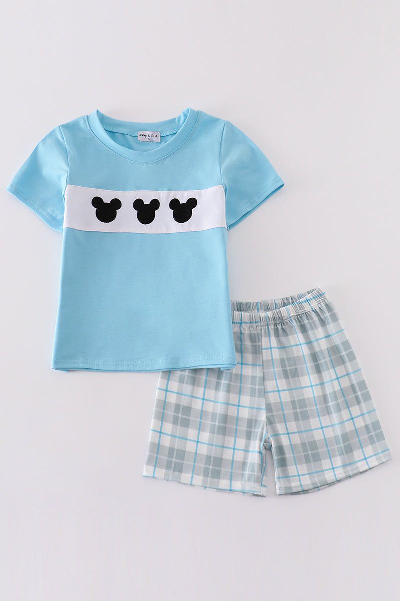 Abby &amp; Evie Blue Plaid Character Embroidery Infant Boy Short Set