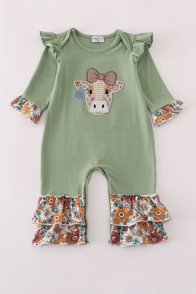 Green Cow Applique Floral Infant Romper