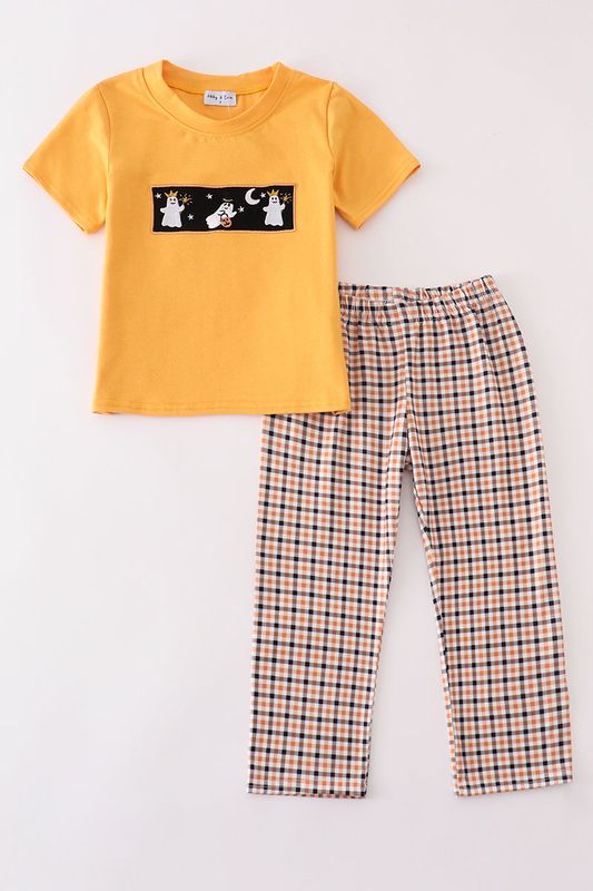 Halloween Embroidery Ghost Plaid Boy&#39;s Two Piece Set