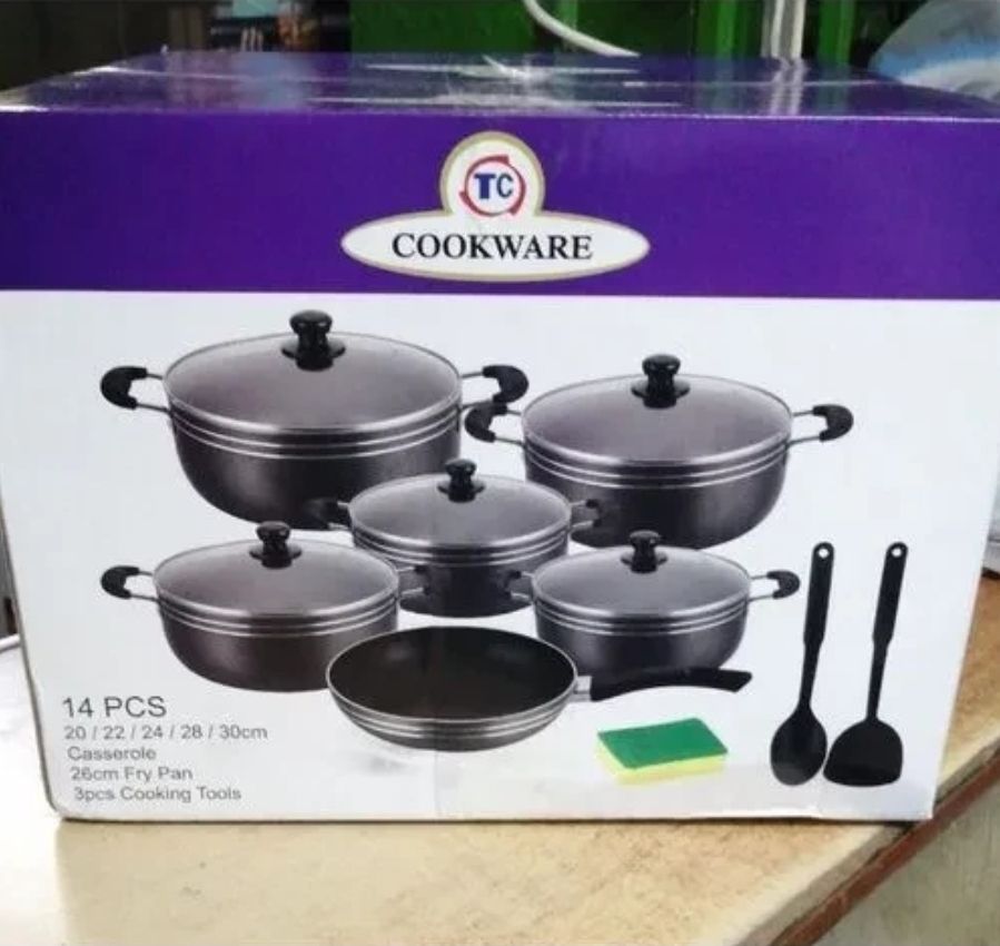 14PCS Cookware Set Cooking Pots Sufuria (20/22/24/28/30cm Pots +26cm frying pan)  Features:  1. Non-stick coating with durable  2. Granite exterior  3. Adiabatic silicone handles  4. Heat-Resistant Gl
