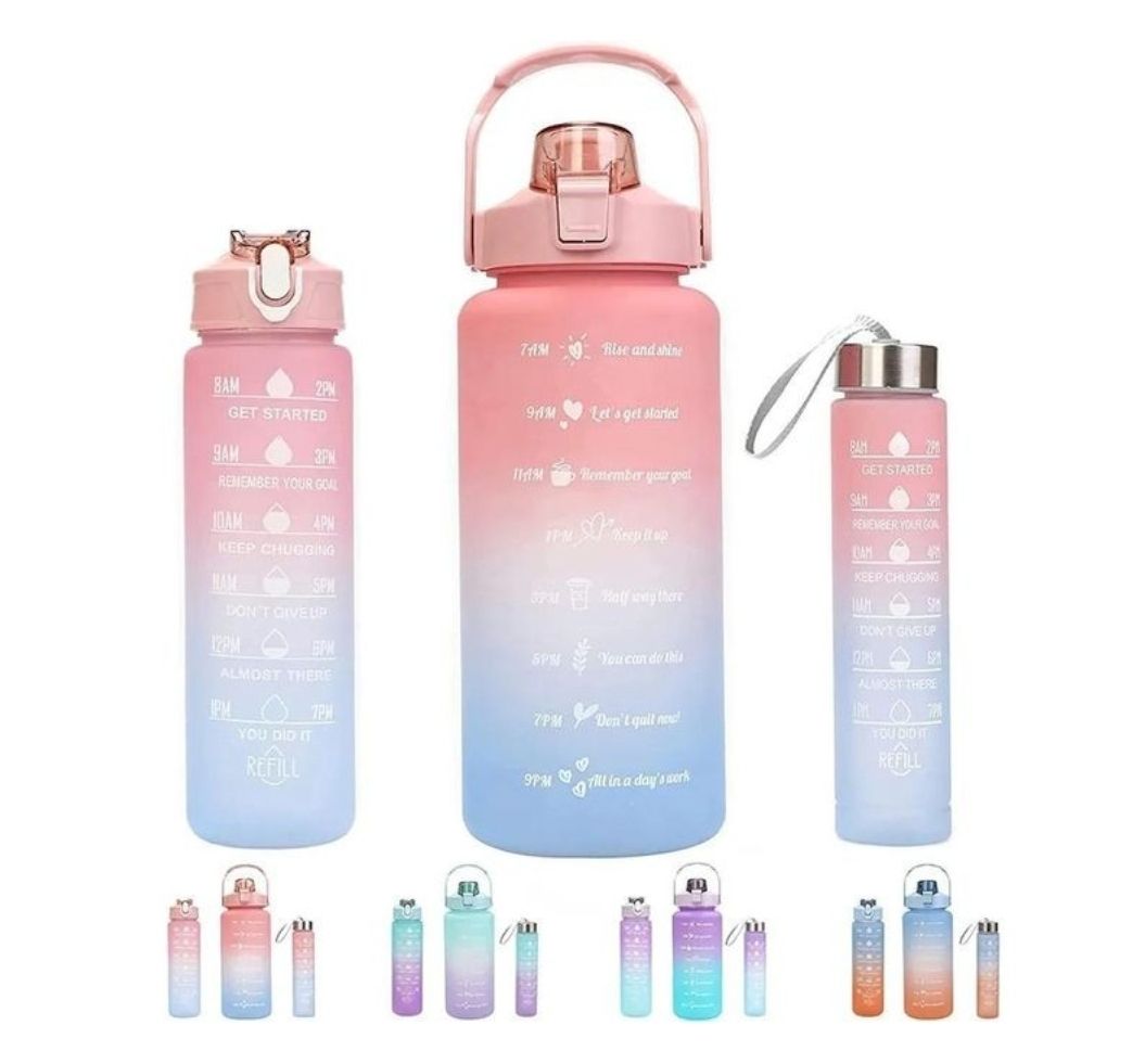 Motivational Water Bottle Set of 3 with Time Marker, Leakproof Durable Non-Toxic Sipper Water bottle