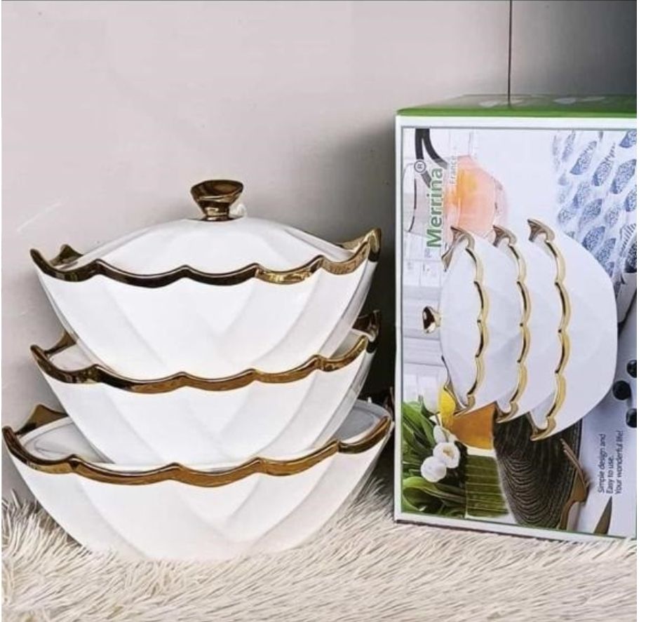 Set of 3 Ceramic HUGE (4 liters each)Serving White Gold Line Bowls-ROUND