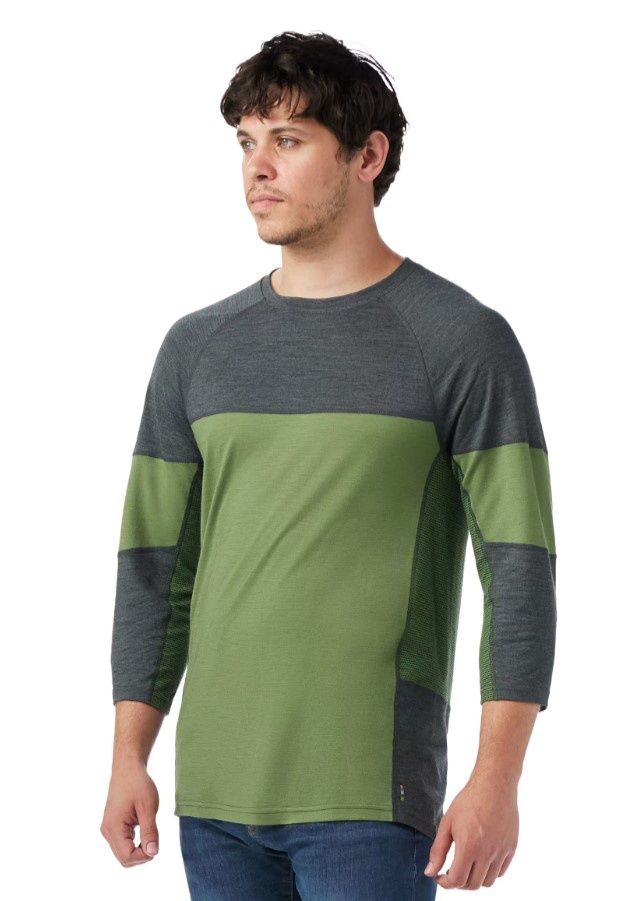 Men&#39;s Mountain Bike 3/4 Sleeve Jersey, COLOR: CHARCOAL-FERN GREEN, SIZE: M