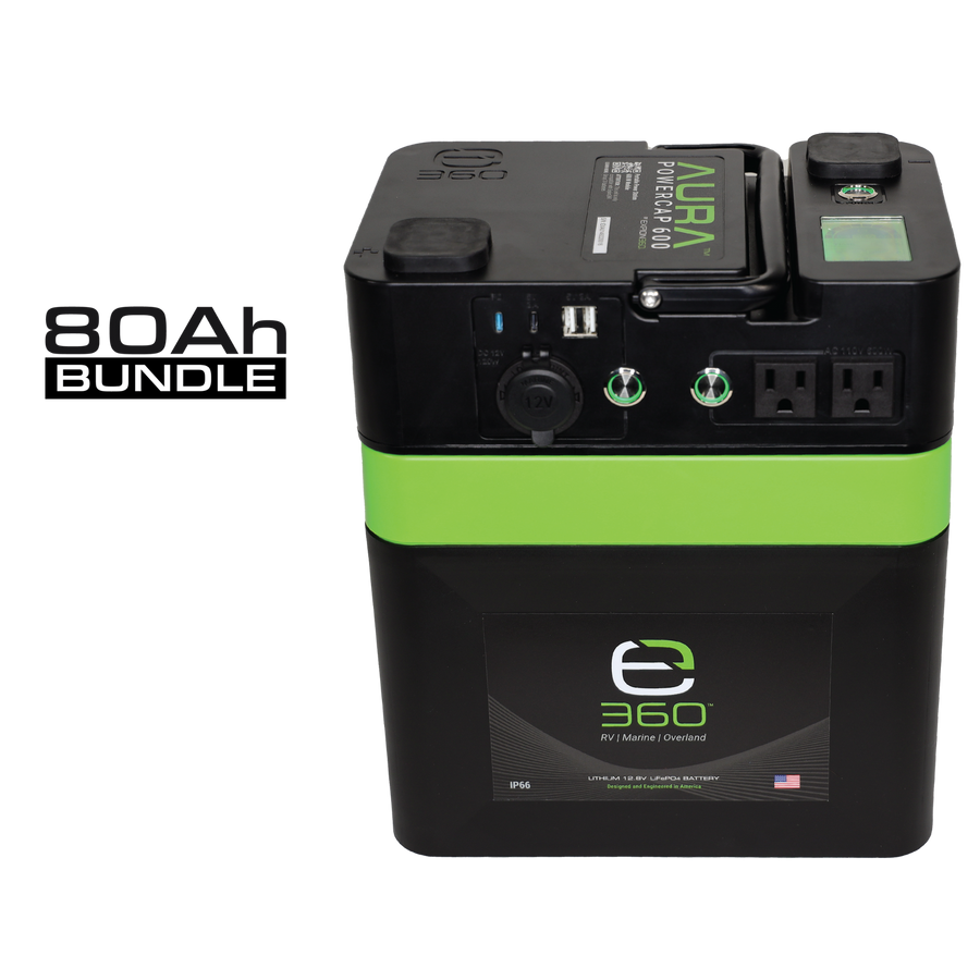E360 (1) EX-AURA001: AURA 600W Inverter  (1) EX-G24-80C: E360 12.8V 80Ah G24 High-Density LiFePO4 Deep Cycle Battery [A]