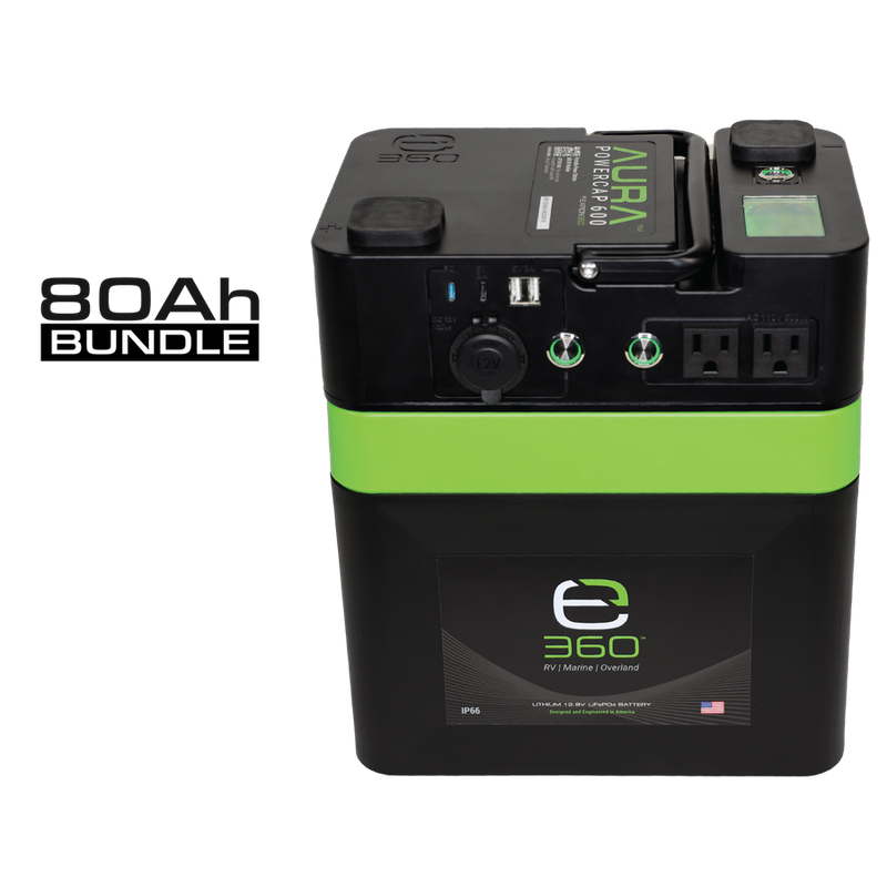 E360 (1) EX-AURA001: AURA 600W Inverter  (1) EX-G24-80C: E360 12.8V 80Ah G24 High-Density LiFePO4 Deep Cycle Battery [A]
