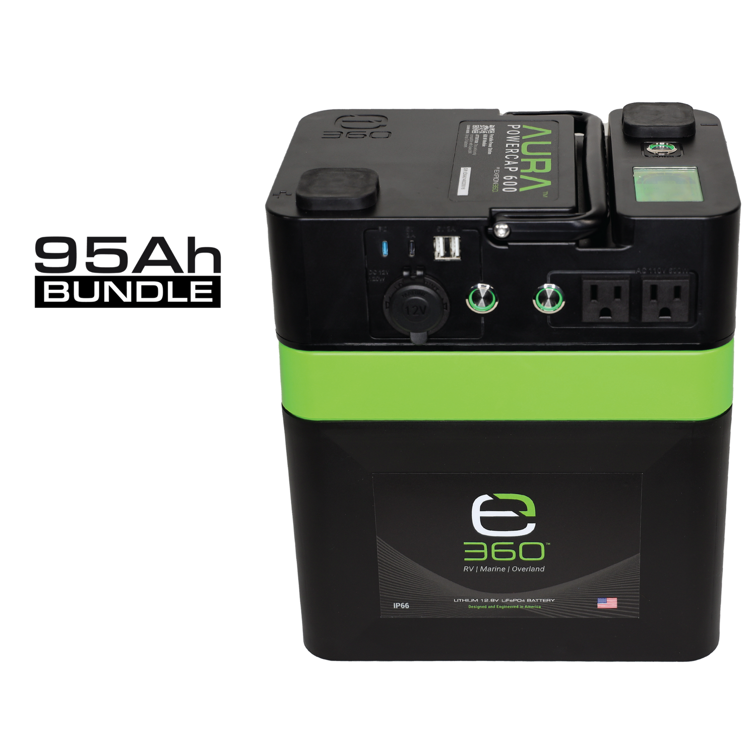 E360 (1) EX-AURA001: AURA 600W Inverter  (1) EX-G24-95XDP: E360 12.8V 95Ah G24 Extreme-Density LiFePO4 Deep Cycle Battery [A]