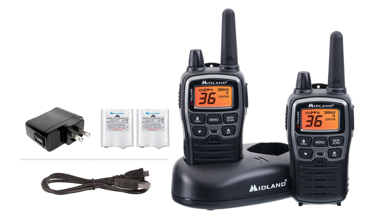 Midland X-TALKER, Pair of Radios with Batteries, DTC and USB Cable Charger [A]