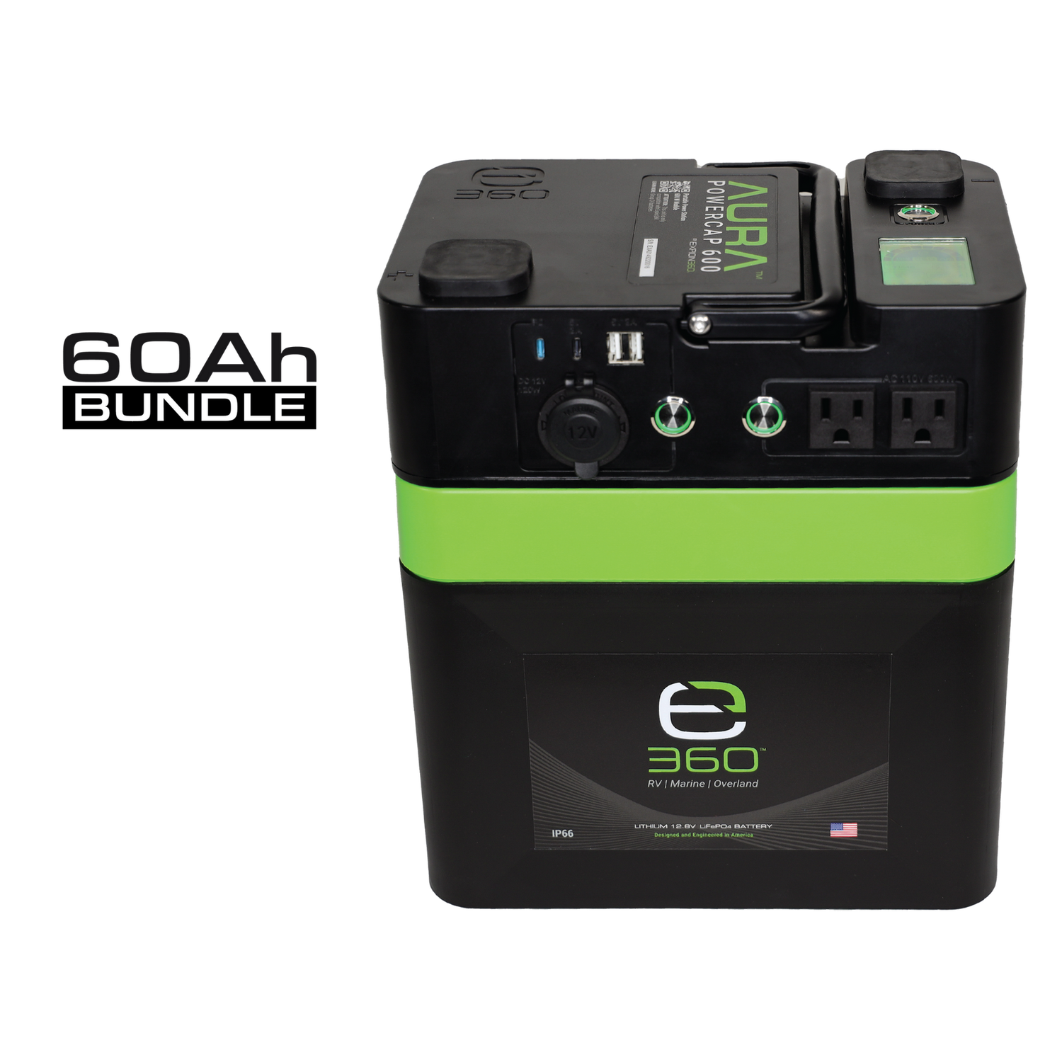 E360 (1) EX-AURA001: AURA 600W Inverter  (1) EX-G24-60C: E360 12.8V 60Ah G24 High-Density LiFePO4 Deep Cycle Battery   [A]