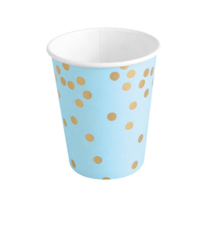 Copo de papel azul com bolinhas douradas