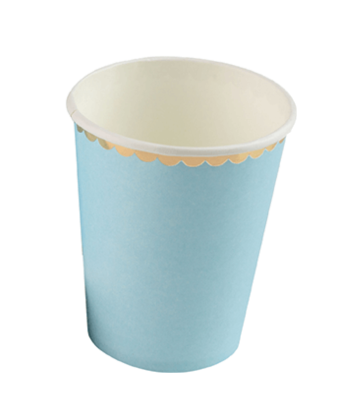 Copo de papel azul com borda dourada