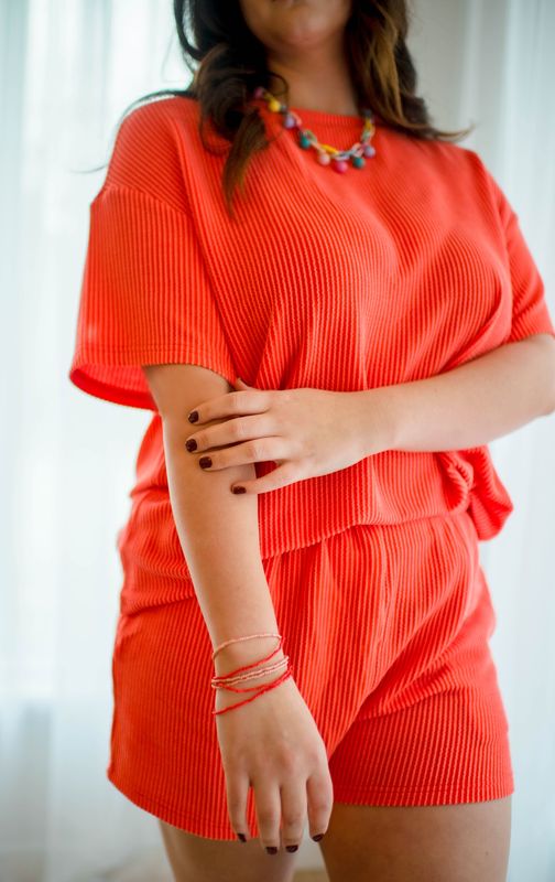 Ribbed Textured 2pc Set Shorts SS Top