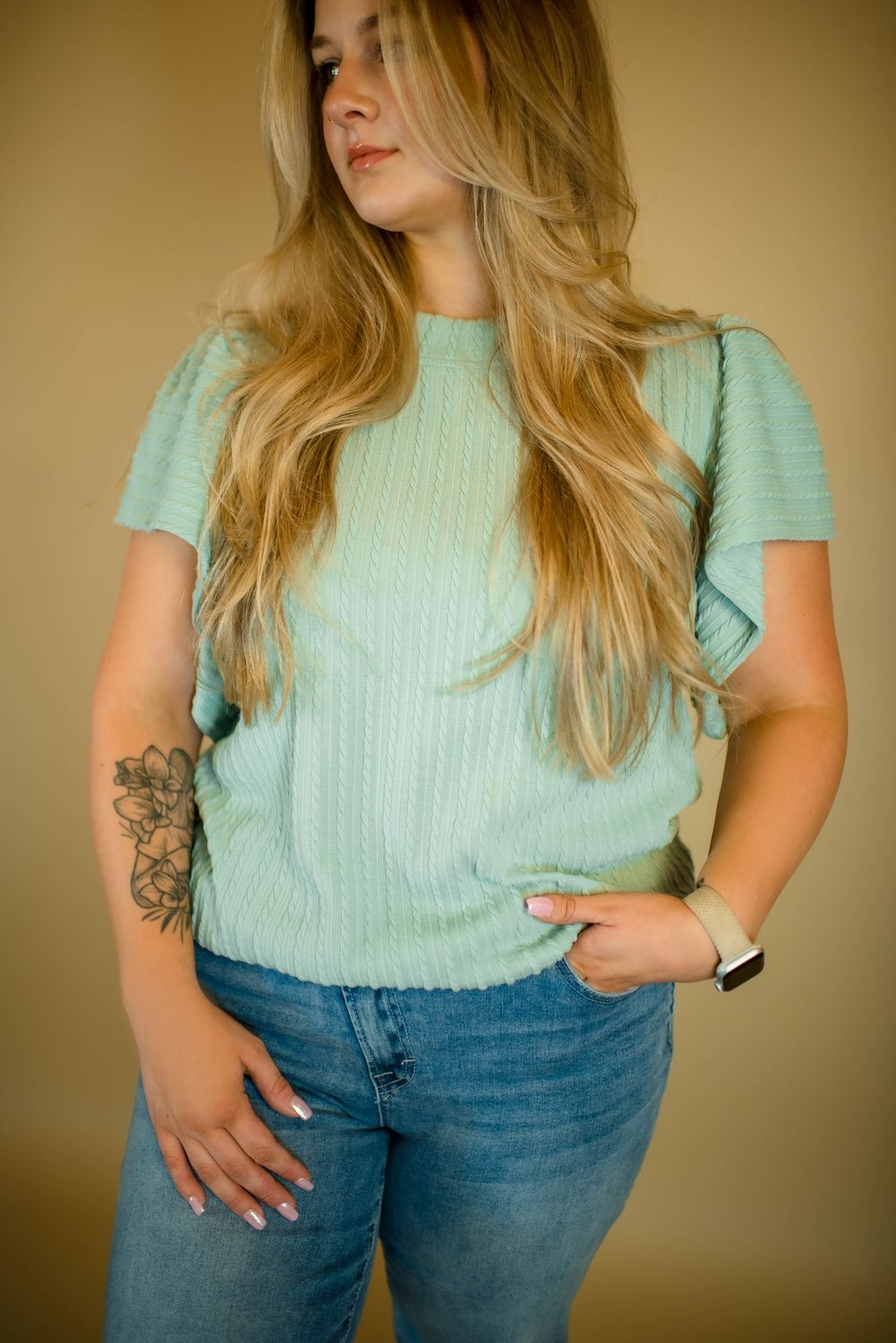 Mint Textured Flutter Sleeve Top