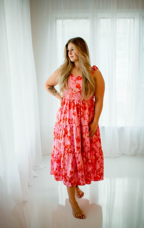 Pink Tie Shoulder Floral Dress