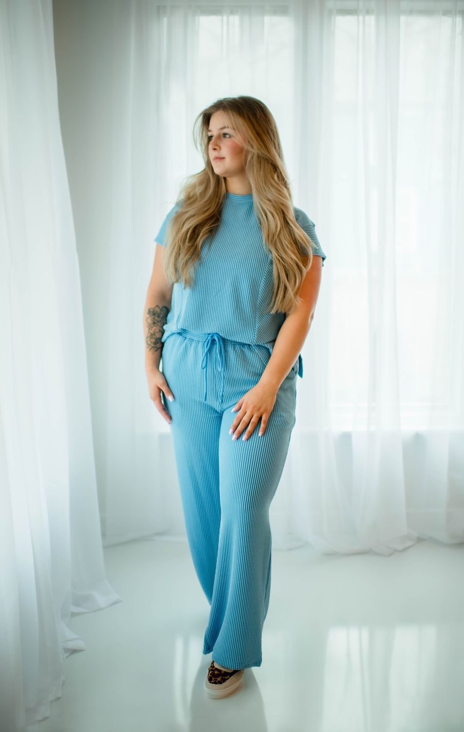 Corded Knit 2pc Set Shirt and Wide Leg Pants