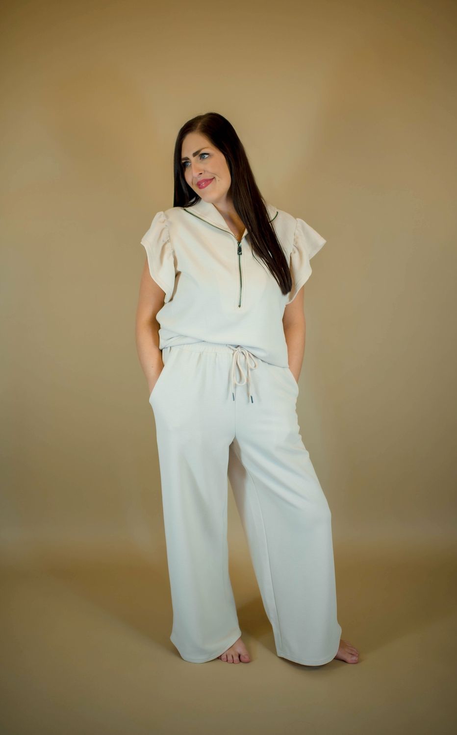2pc Set Apricot Textured Ruffle Sleeve